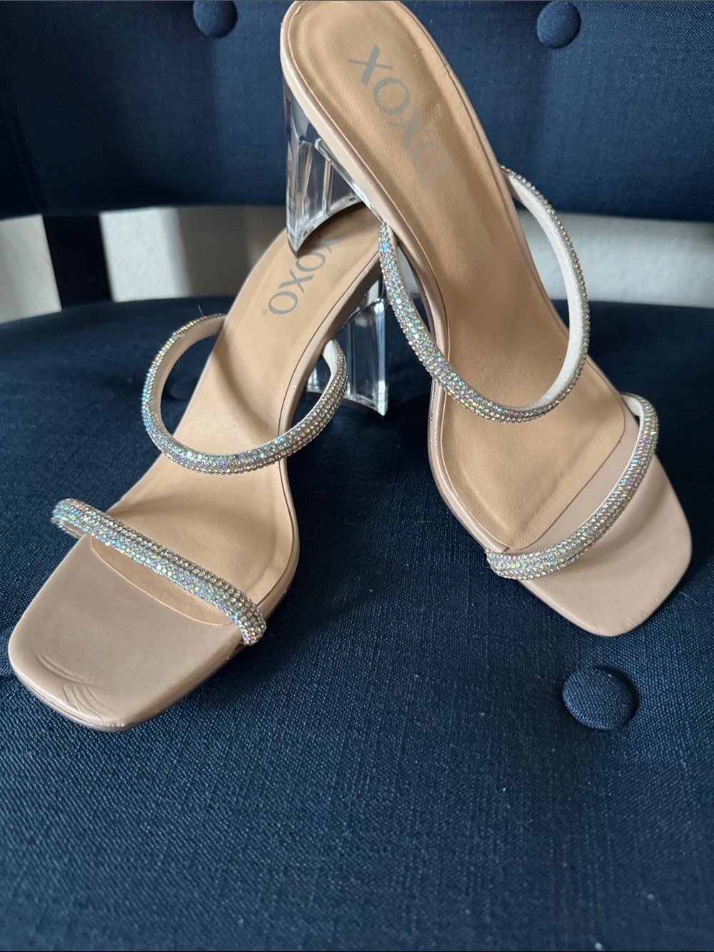 XOXO Nude Rhinestone Clear Heel Slide Sandals size 8